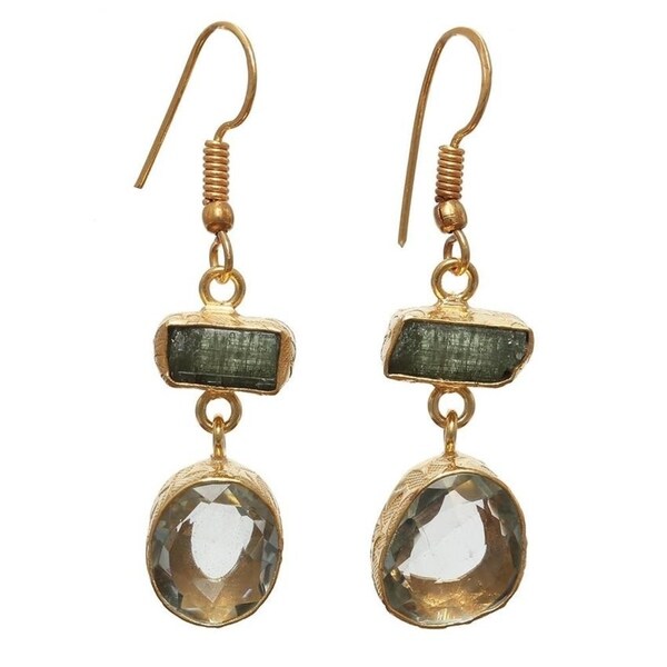 Handmade Gold Overlay Green Amethyst and Tourmaline Earrings (India). Opens flyout.