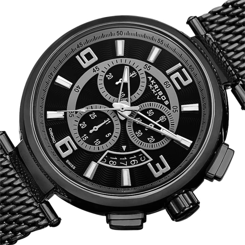 Akribos XXIV Men's Swiss Quartz Chronograph Stainless Steel Mesh Black Bracelet Watch