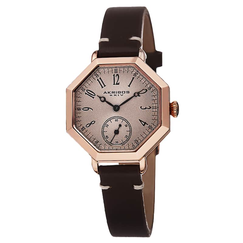 Akribos XXIV Women's Quartz Octagon Case Leather Rose-Tone Strap Watch