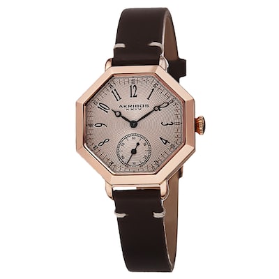 Akribos XXIV Women's Quartz Octagon Case Leather Rose-Tone Strap Watch