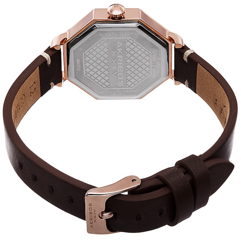 Akribos XXIV Women's Quartz Octagon Case Leather Rose-Tone Strap Watch