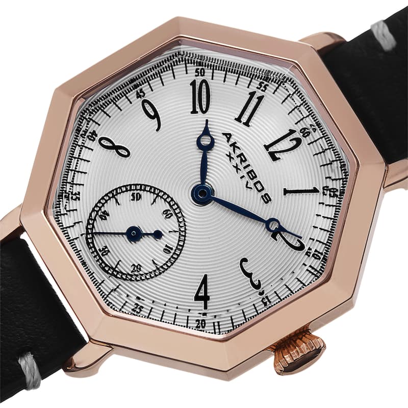 Akribos XXIV Women's Quartz Octagon Case Leather Black Strap Watch