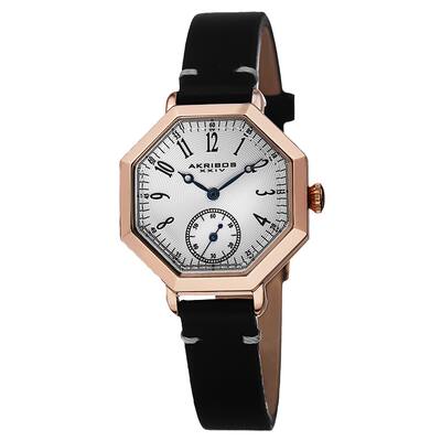Akribos XXIV Women's Quartz Octagon Case Leather Black Strap Watch