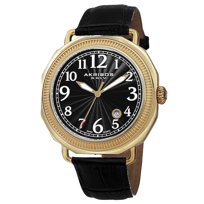 Akribos XXIV Men's Swiss Quartz Date Arabic Numeral Markers Leather Gold-Tone Strap Watch
