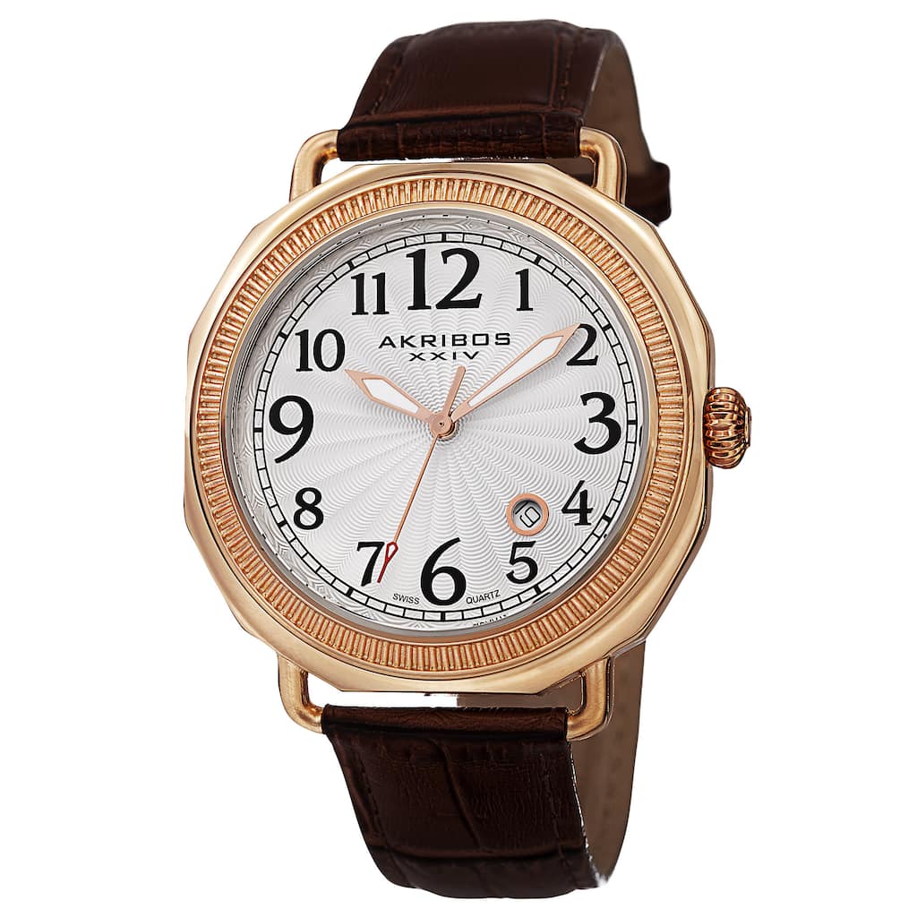 Akribos XXIV Men's Swiss Quartz Date Arabic Numeral Markers Leather Rose-Tone Strap Watch