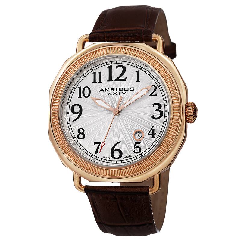 Akribos XXIV Men's Swiss Quartz Date Arabic Numeral Markers Leather Rose-Tone Strap Watch