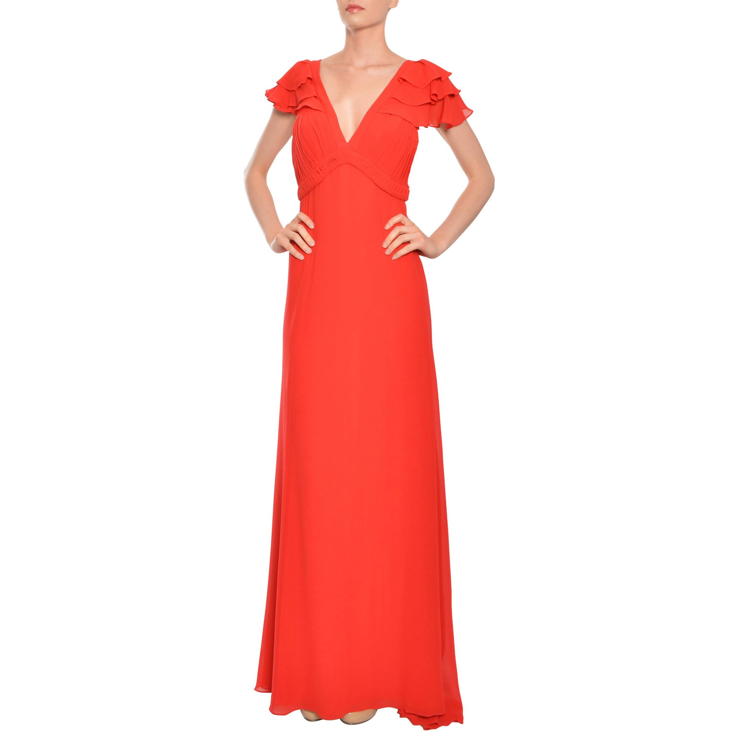 Escada Couture Red Silk Chiffon Pleated V-Neck Long Evening Gown Dress ...