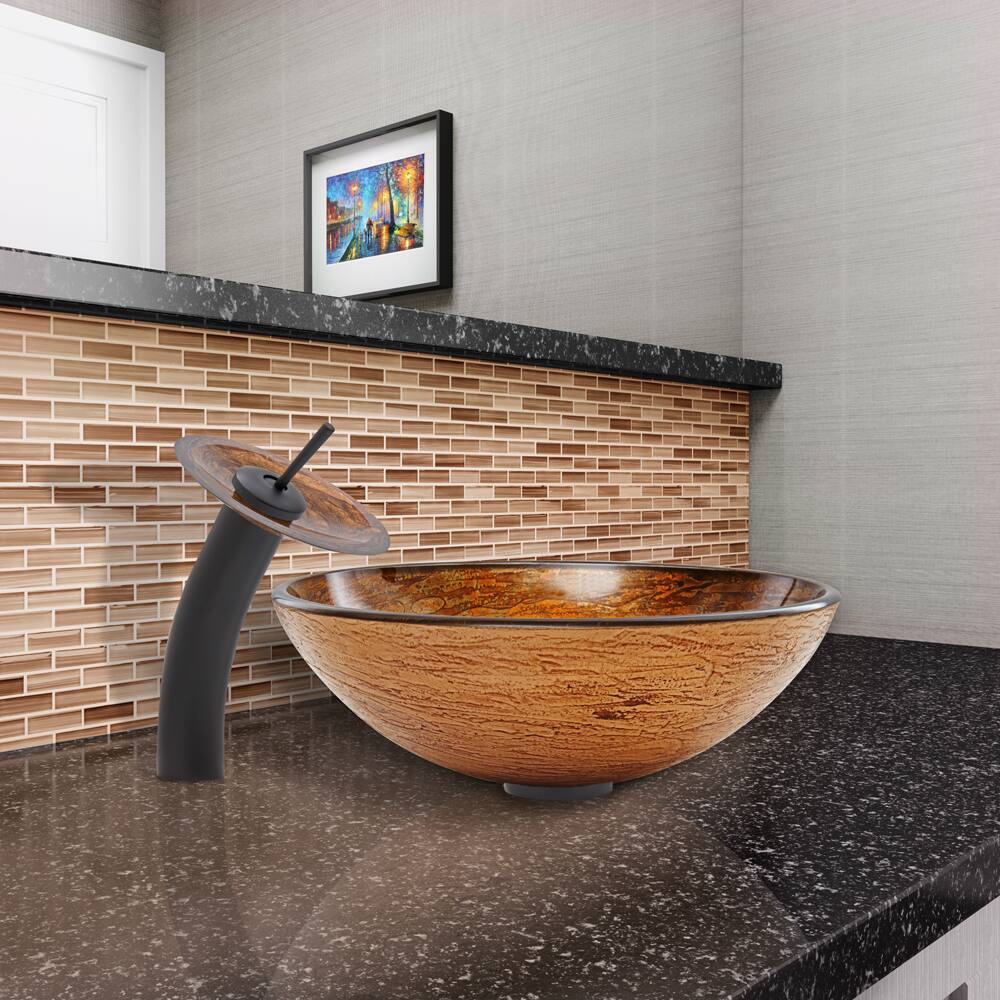 VIGO Cappuccino Swirl Glass Vessel Sink and Waterfall Faucet Set in Matte Black Finish