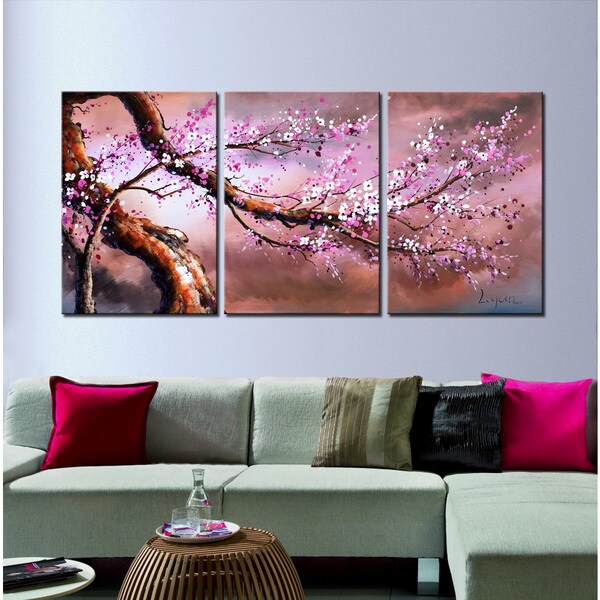 Hand-painted 'Plum bloosom 632' 3-piece oil on Canvas - Overstock - 9916519