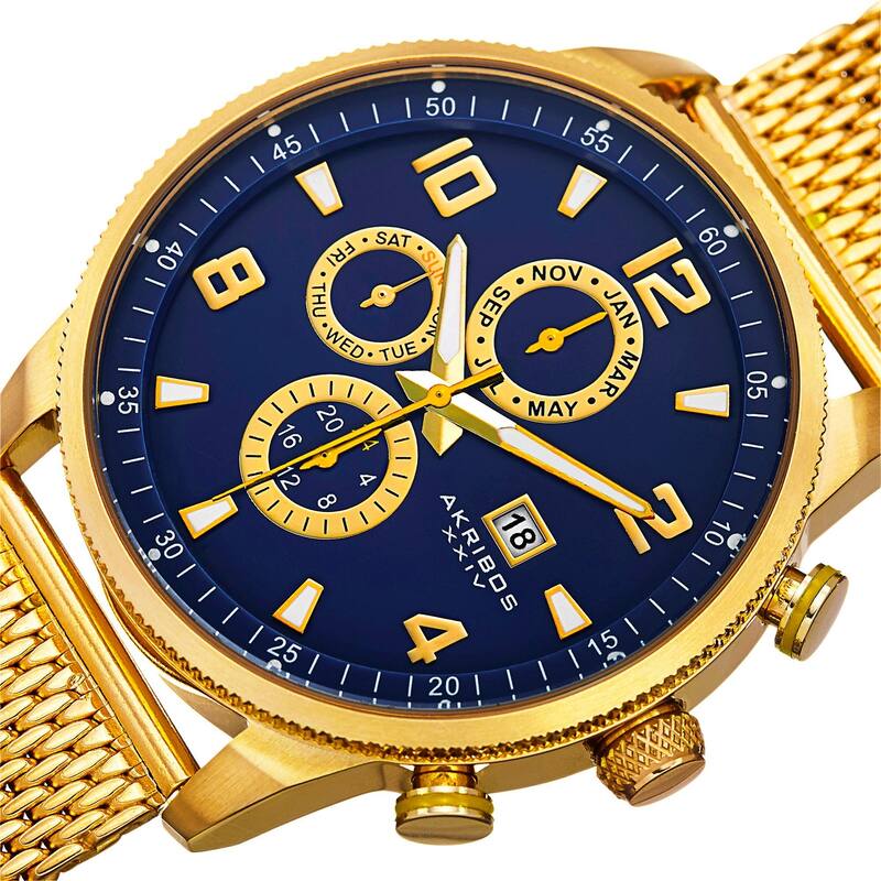 Akribos XXIV Men's Swiss Quartz Multifunction Dual Time Stainless Steel Mesh Gold-Tone Bracelet Watc