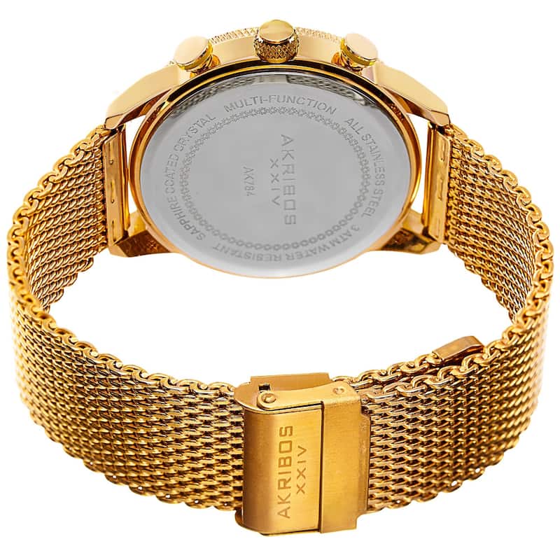 Akribos XXIV Men's Swiss Quartz Multifunction Dual Time Stainless Steel Mesh Gold-Tone Bracelet Watc