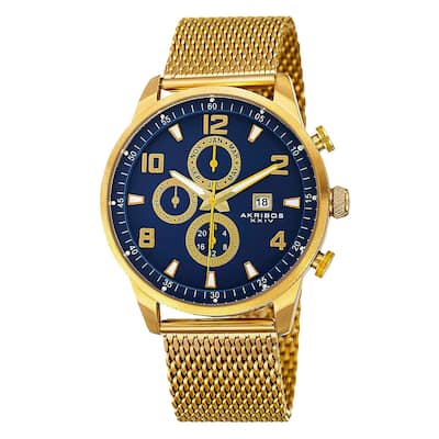 Akribos XXIV Men's Swiss Quartz Multifunction Dual Time Stainless Steel Mesh Gold-Tone Bracelet Watc