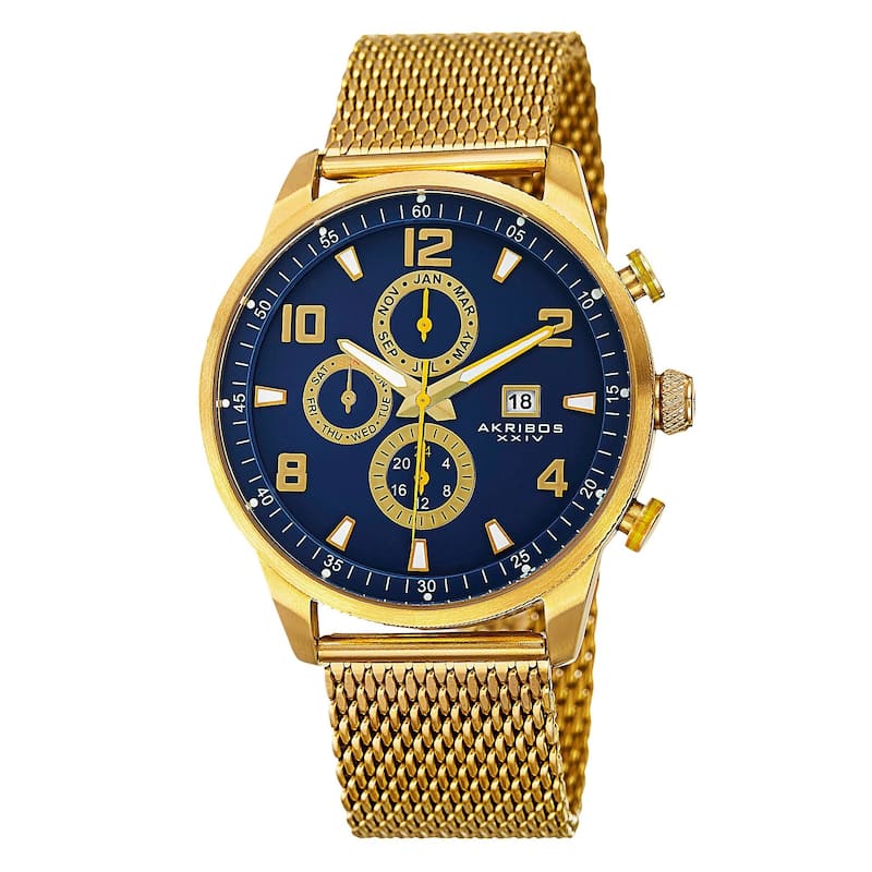 Akribos XXIV Men's Swiss Quartz Multifunction Dual Time Stainless Steel Mesh Gold-Tone Bracelet Watc