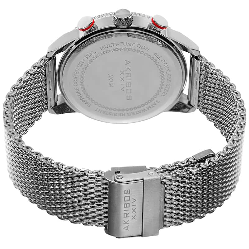 Akribos XXIV Men's Swiss Quartz Multifunction Dual Time Stainless Steel Mesh Silver-Tone Bracelet Wa