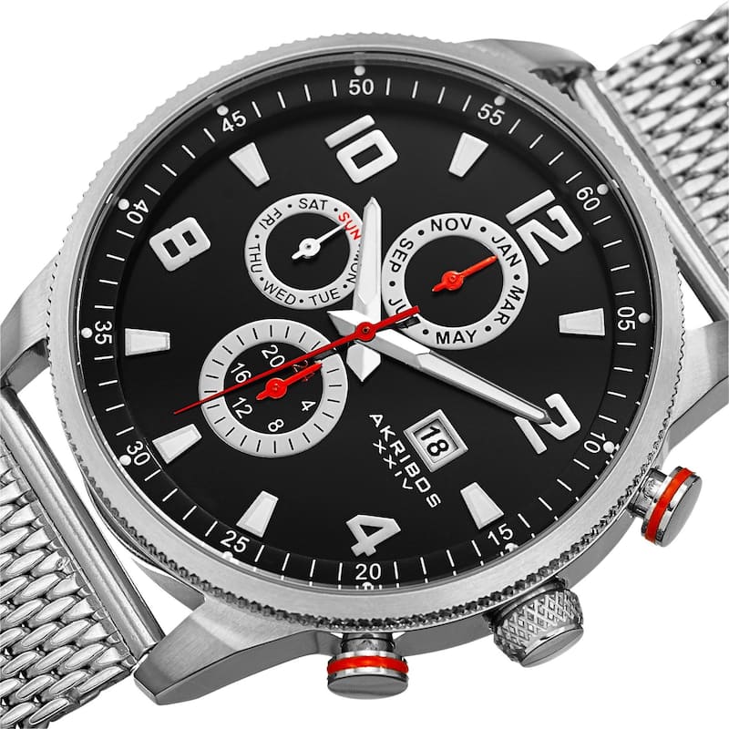 Akribos XXIV Men's Swiss Quartz Multifunction Dual Time Stainless Steel Mesh Silver-Tone Bracelet Wa