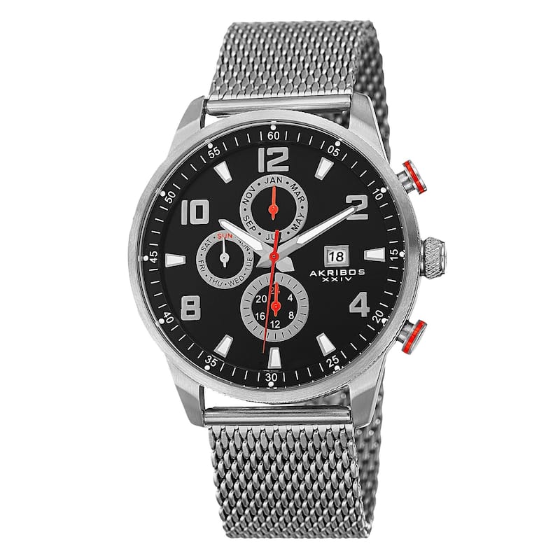 Akribos XXIV Men's Swiss Quartz Multifunction Dual Time Stainless Steel Mesh Silver-Tone Bracelet Wa