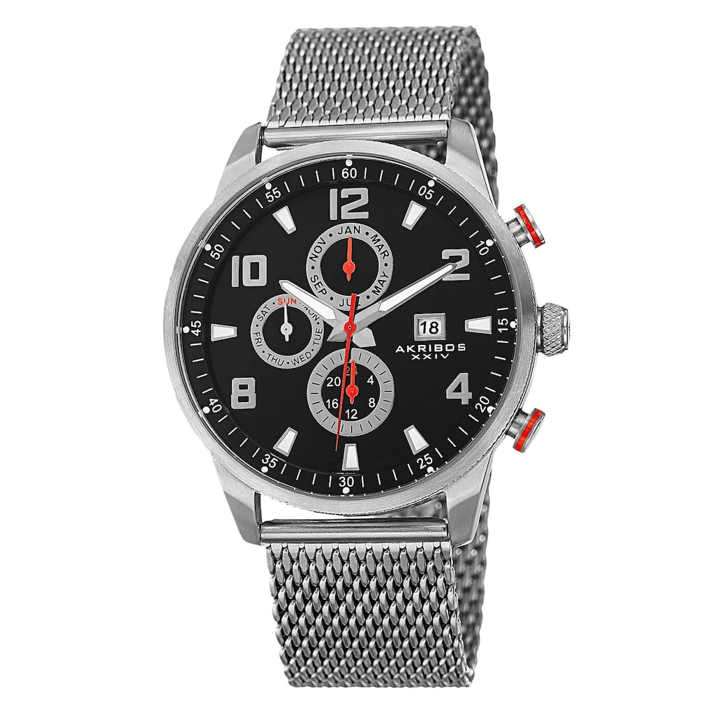 Akribos XXIV Men's Swiss Quartz Multifunction Dual Time Stainless Steel Mesh Silver-Tone Bracelet Wa