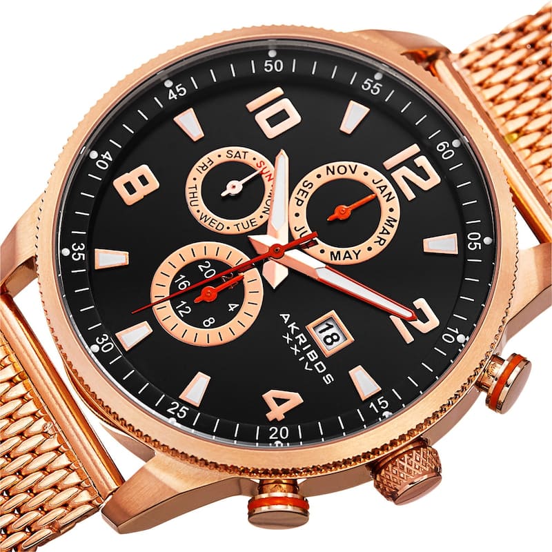 Akribos XXIV Men's Swiss Quartz Multifunction Dual Time Stainless Steel Mesh Rose-Tone Bracelet Watc