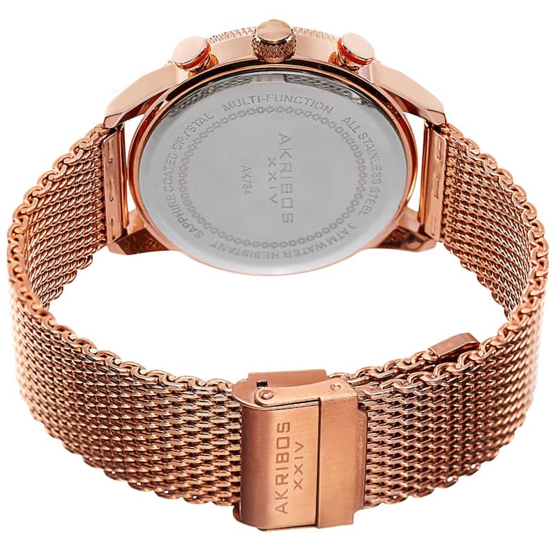 Akribos XXIV Men's Swiss Quartz Multifunction Dual Time Stainless Steel Mesh Rose-Tone Bracelet Watc