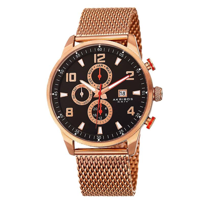 Akribos XXIV Men's Swiss Quartz Multifunction Dual Time Stainless Steel Mesh Rose-Tone Bracelet Watc
