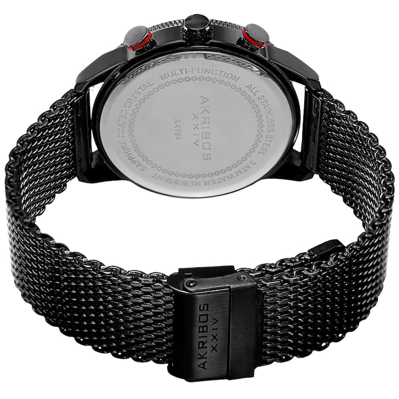 Akribos XXIV Men's Swiss Quartz Multifunction Dual Time Stainless Steel Mesh Black Bracelet Watch