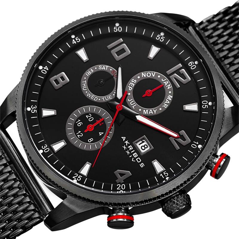 Akribos XXIV Men's Swiss Quartz Multifunction Dual Time Stainless Steel Mesh Black Bracelet Watch