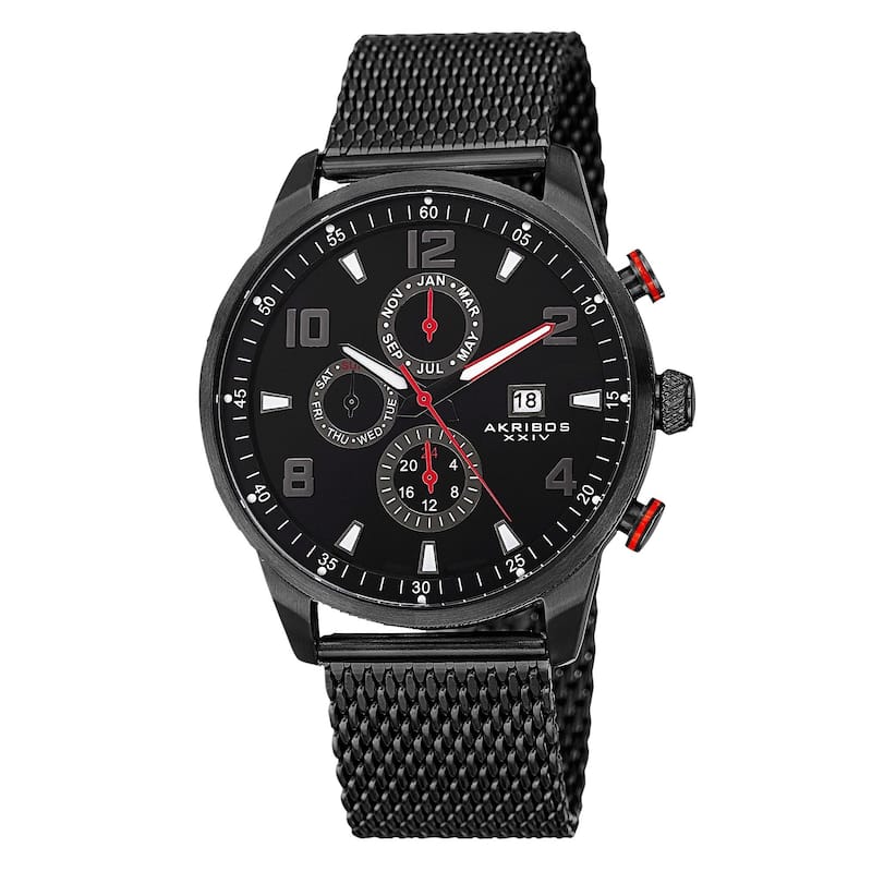 Akribos XXIV Men's Swiss Quartz Multifunction Dual Time Stainless Steel Mesh Black Bracelet Watch