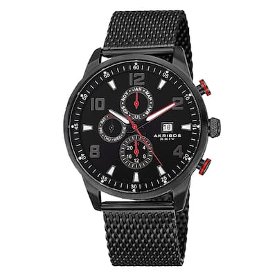 Akribos XXIV Men's Swiss Quartz Multifunction Dual Time Stainless Steel Mesh Black Bracelet Watch