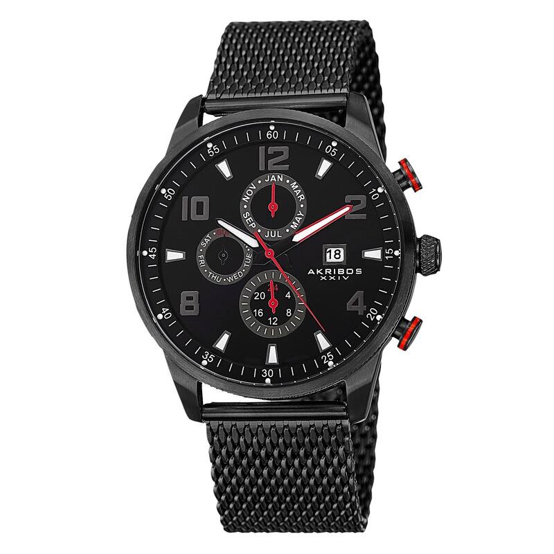 Akribos XXIV Men's Swiss Quartz Multifunction Dual Time Stainless Steel Mesh Black Bracelet Watch
