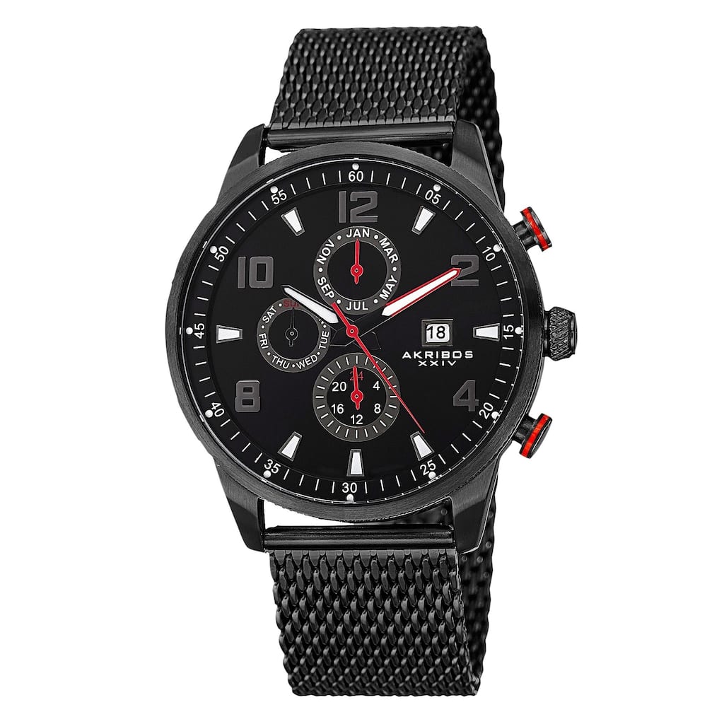 Akribos XXIV Men's Swiss Quartz Multifunction Dual Time Stainless Steel Mesh Black Bracelet Watch