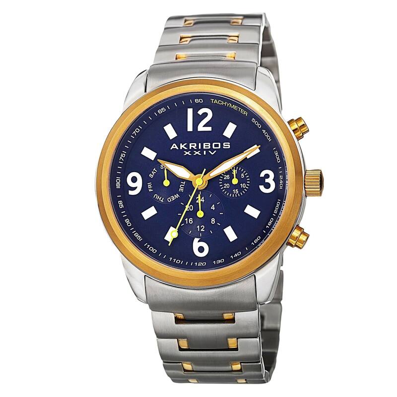 Akribos XXIV Men's Swiss Quartz Tachymeter Dual Time Stainless Steel Two-Tone Bracelet Watch
