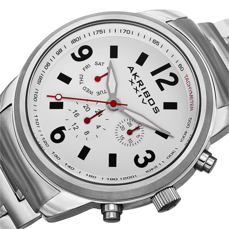 Akribos XXIV Men's Swiss Quartz Tachymeter Dual Time Stainless Steel Silver-Tone Bracelet Watch