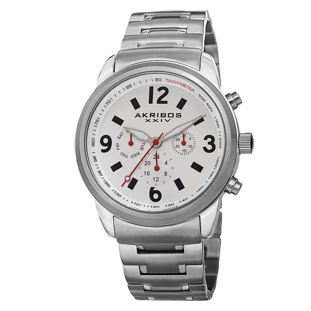 Akribos XXIV Men's Swiss Quartz Tachymeter Dual Time Stainless Steel Silver-Tone Bracelet Watch