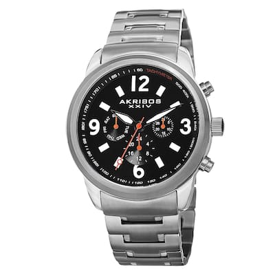 Akribos XXIV Men's Swiss Quartz Tachymeter Dual Time Stainless Steel Silver-Tone Bracelet Watch