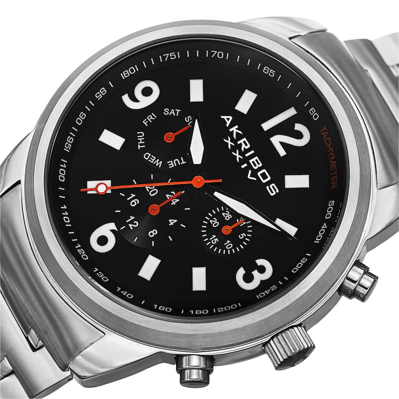 Akribos XXIV Men's Swiss Quartz Tachymeter Dual Time Stainless Steel Silver-Tone Bracelet Watch