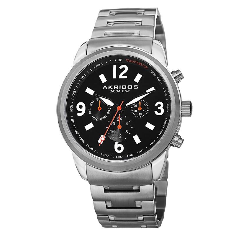 Akribos XXIV Men's Swiss Quartz Tachymeter Dual Time Stainless Steel Silver-Tone Bracelet Watch