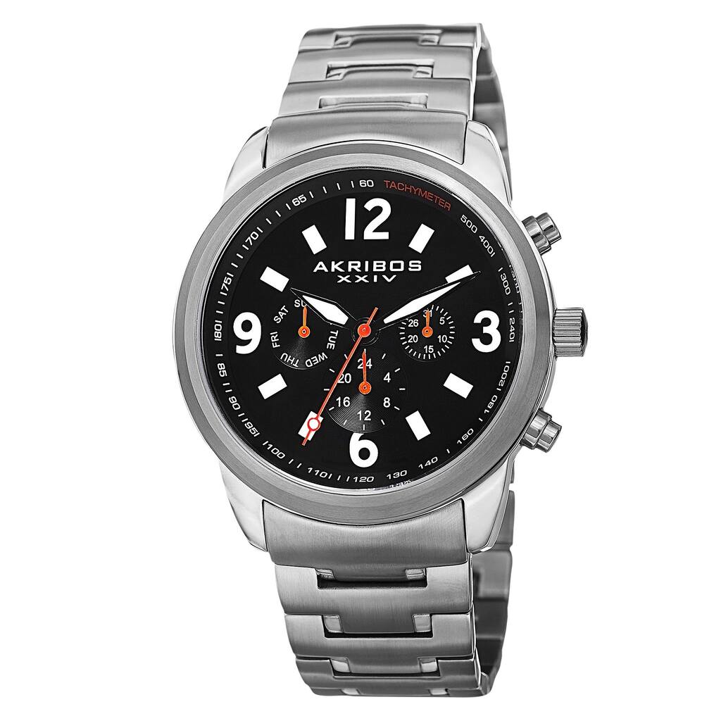 Akribos XXIV Men's Swiss Quartz Tachymeter Dual Time Stainless Steel Silver-Tone Bracelet Watch