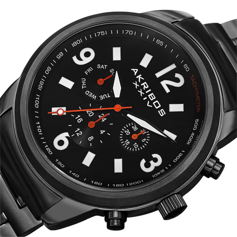Akribos XXIV Men's Swiss Quartz Tachymeter Dual Time Stainless Steel Black Bracelet Watch