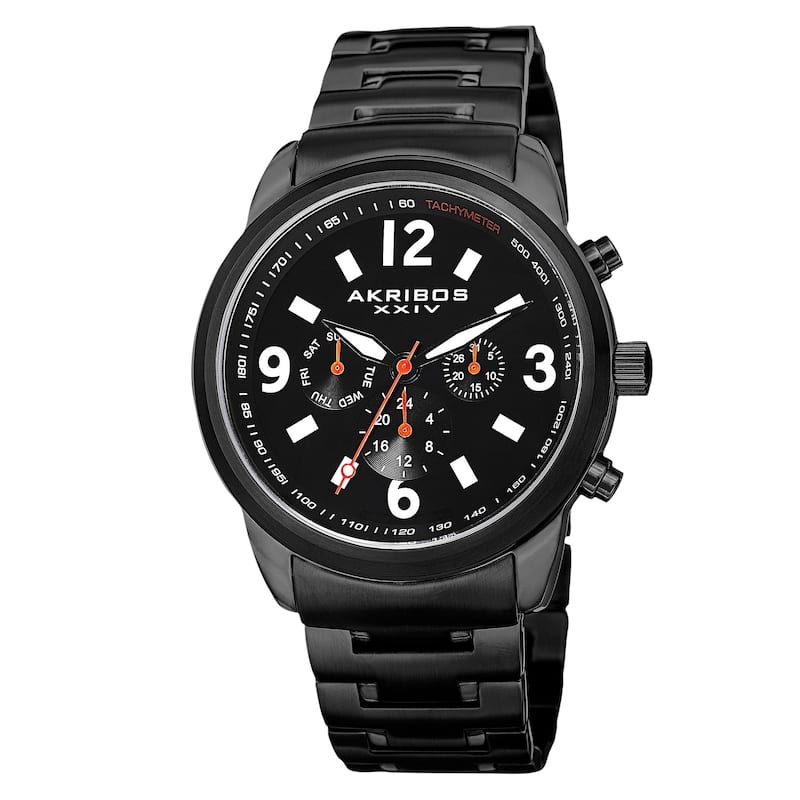 Akribos XXIV Men's Swiss Quartz Tachymeter Dual Time Stainless Steel Black Bracelet Watch