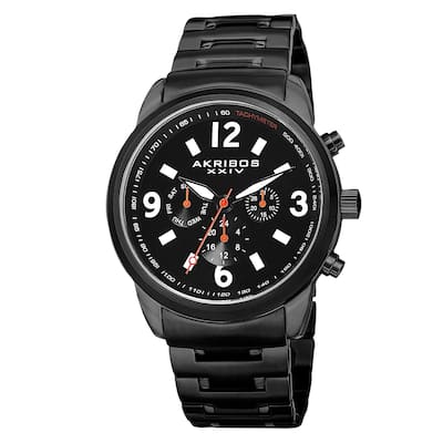 Akribos XXIV Men's Swiss Quartz Tachymeter Dual Time Stainless Steel Black Bracelet Watch