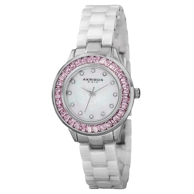 Akribos XXIV Women's Quartz Crystal Markers Ceramic White Bracelet Watch