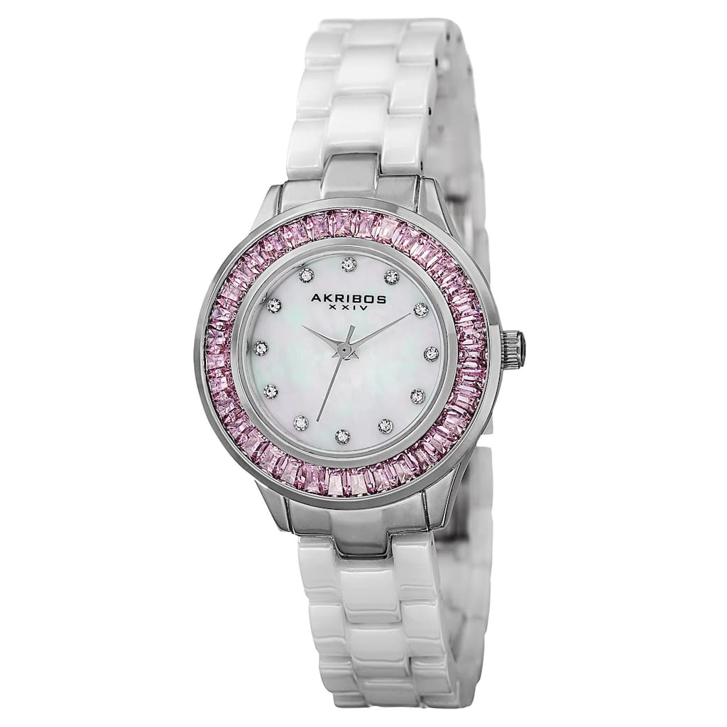 Akribos XXIV Women's Quartz Crystal Markers Ceramic White Bracelet Watch