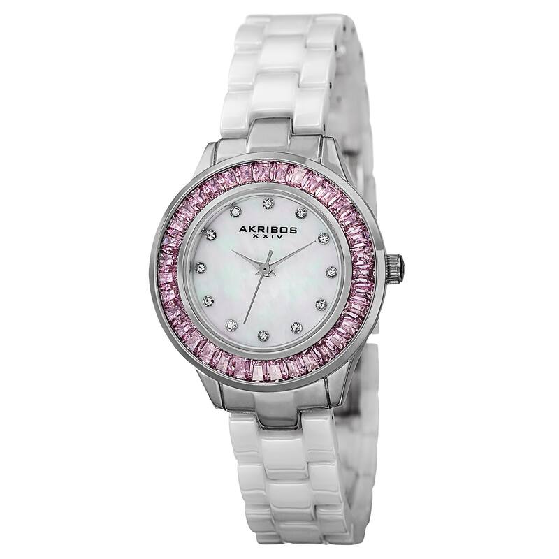 Akribos XXIV Women's Quartz Crystal Markers Ceramic White Bracelet Watch