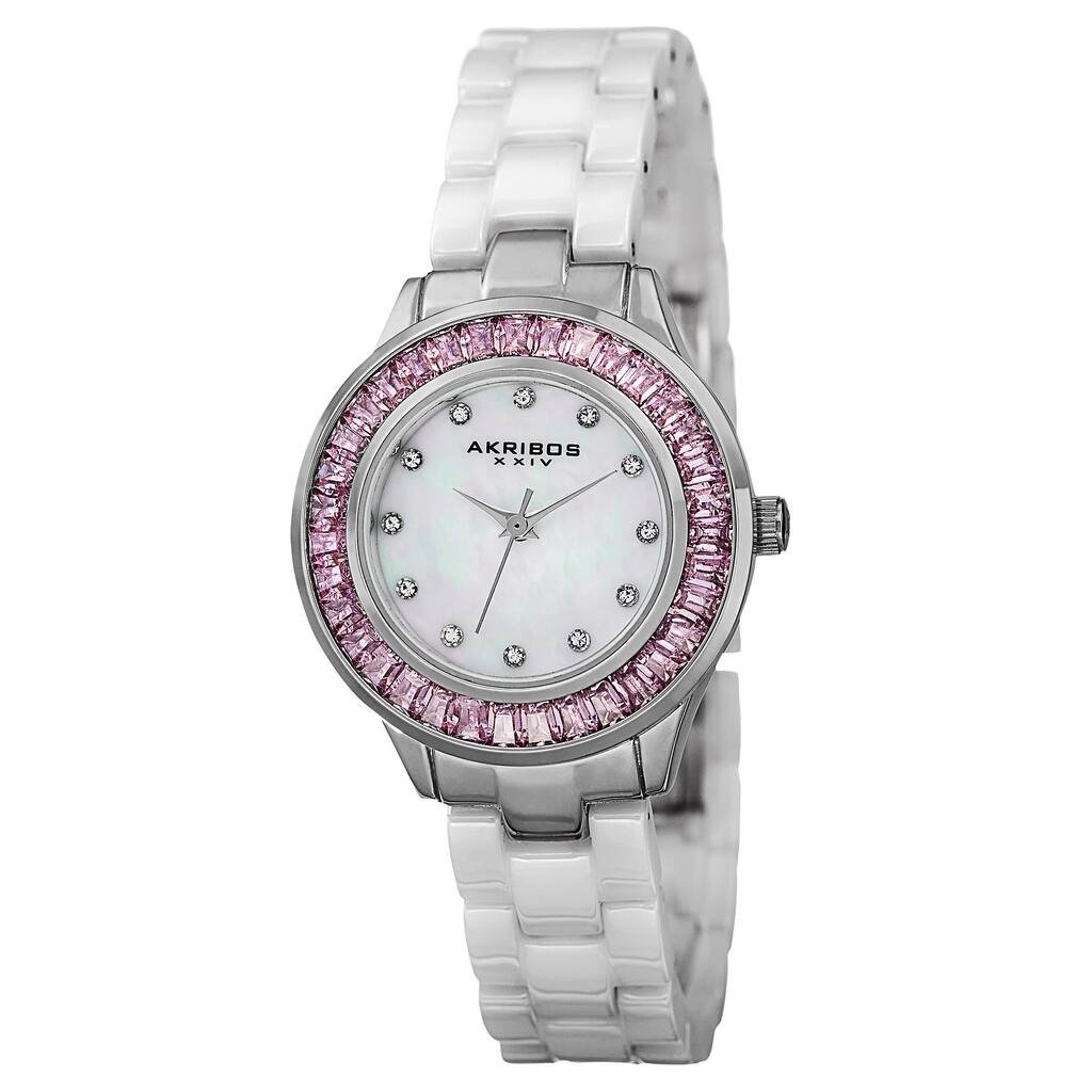 Akribos XXIV Women's Quartz Crystal Markers Ceramic White Bracelet Watch