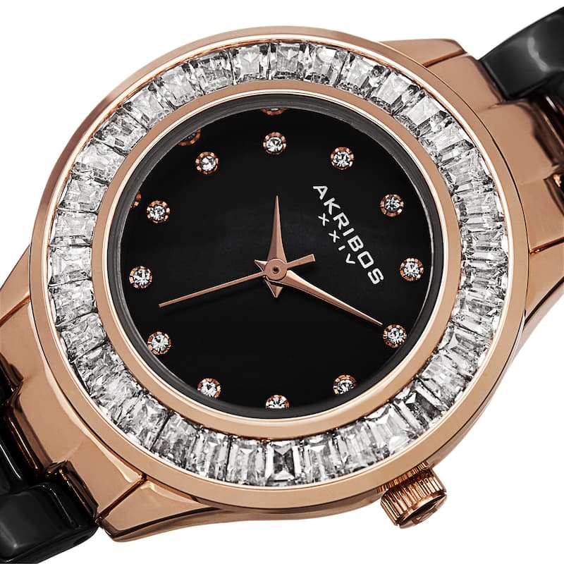 Akribos XXIV Women's Quartz Crystal Markers Ceramic Black Bracelet Watch