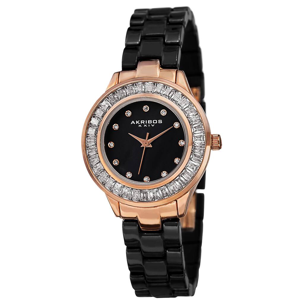 Akribos XXIV Women's Quartz Crystal Markers Ceramic Black Bracelet Watch