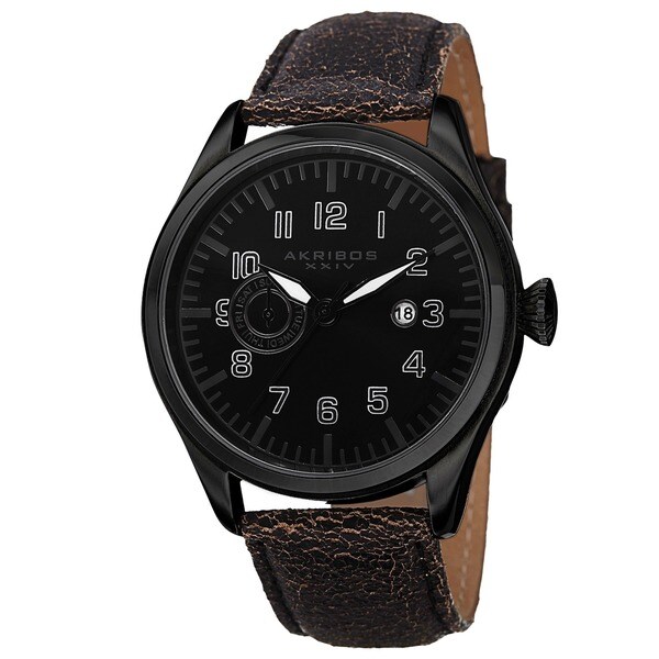 Akribos XXIV Men's Swiss Quartz Multifunction Leather Black Strap Watch. Opens flyout.