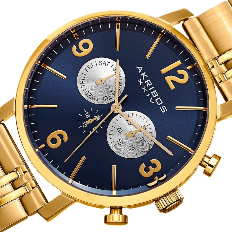 Akribos XXIV Men's Swiss Quartz Multifunction Dual Time Stainless Steel Gold-Tone Bracelet Watch