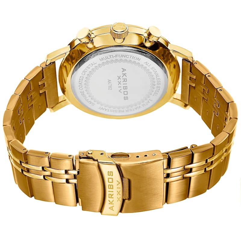 Akribos XXIV Men's Swiss Quartz Multifunction Dual Time Stainless Steel Gold-Tone Bracelet Watch