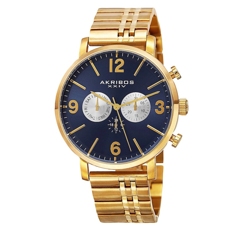 Akribos XXIV Men's Swiss Quartz Multifunction Dual Time Stainless Steel Gold-Tone Bracelet Watch